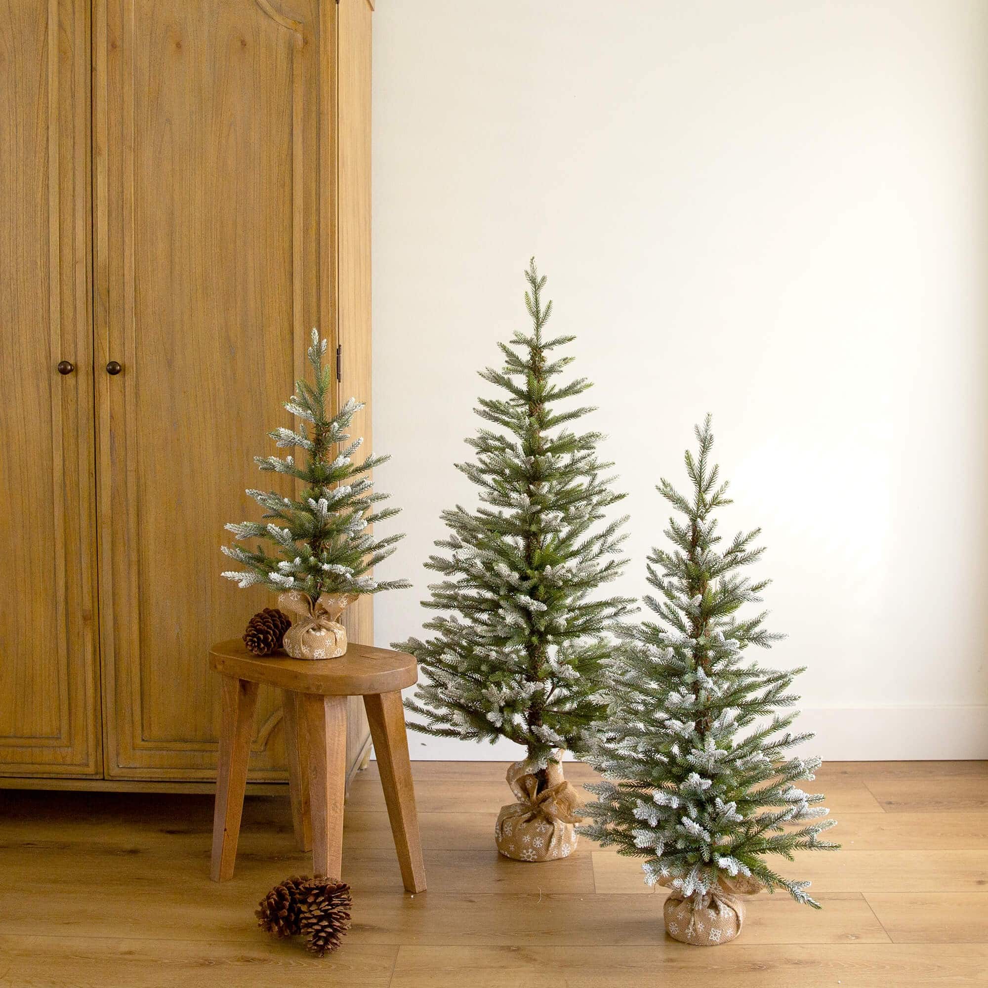 2ft., 3ft. & 4ft. Unlit Snowed Balsam Fir Artificial Christmas Trees in Burlap Base, Set of 3